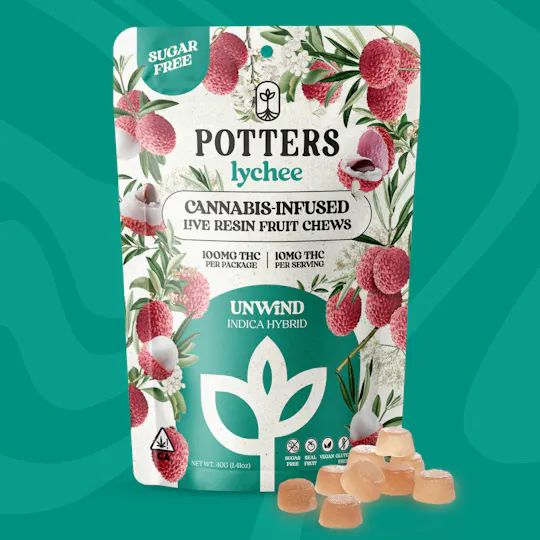 Potters - Sugar-Free Live Fruit Chews | Lychee Gummies | 100mg | 10ct | 10mg/ea - 1