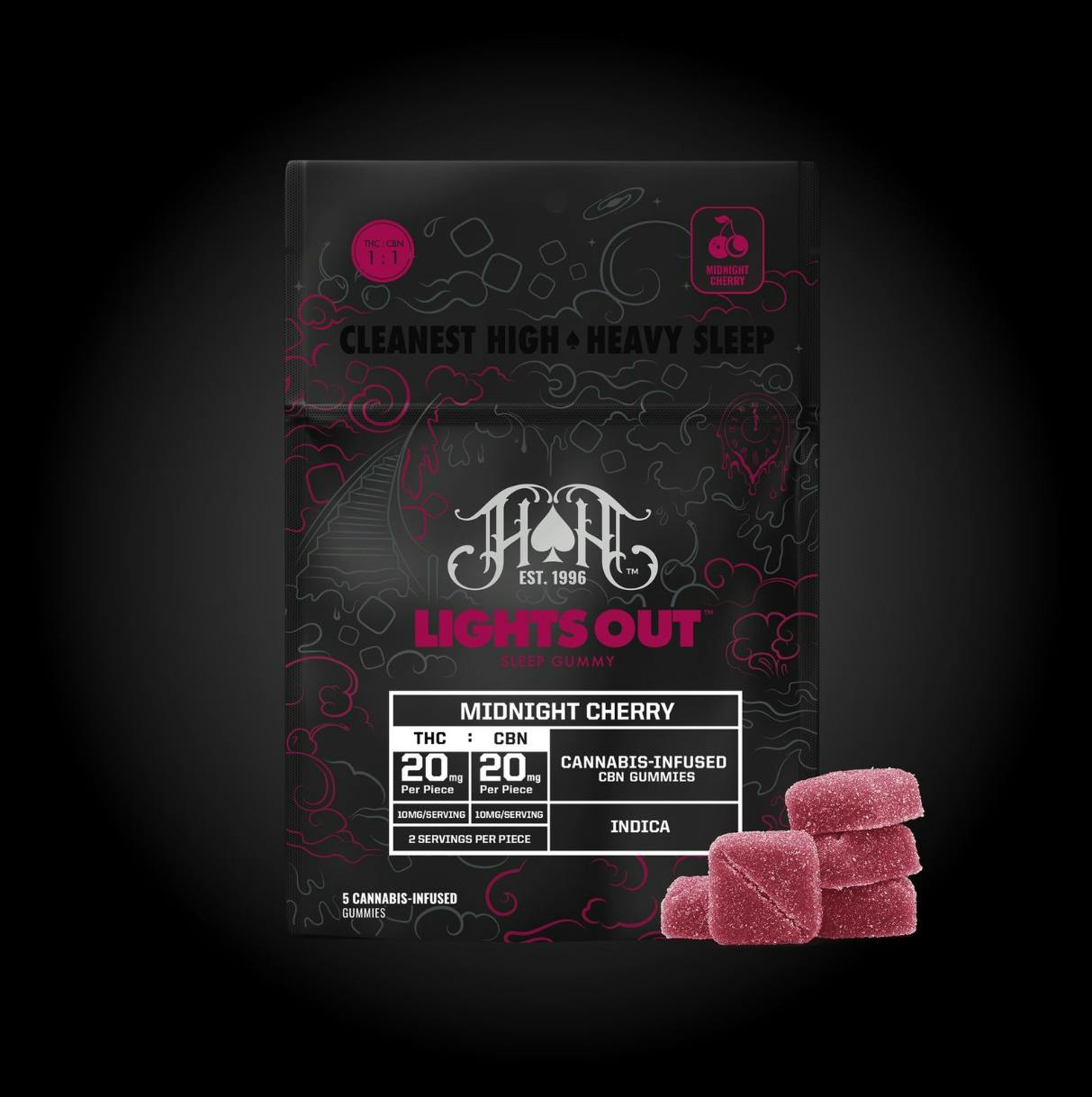 Heavy Hitters - Lights Out | Midnight Cherry 1:1 THC:CBN Gummies | 100mg | 5ct | 20mg/ea - 1