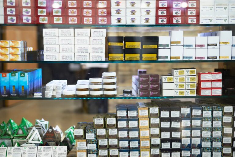 Click to see a larger version of the image Various products on dispensary shelves.