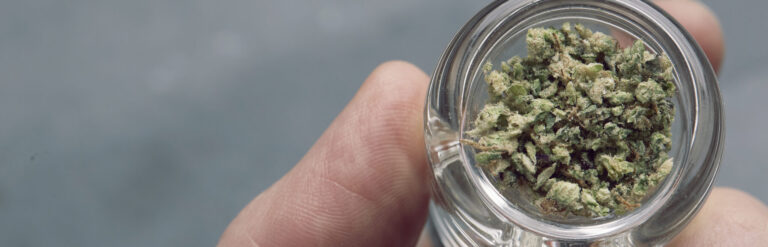 Click to see a larger version of the image Hand holding pipe filled with weed.