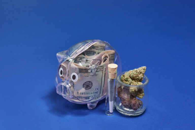 Clear piggy bank filled with cash with cannabis nugs and joint next to it on dark blue background.