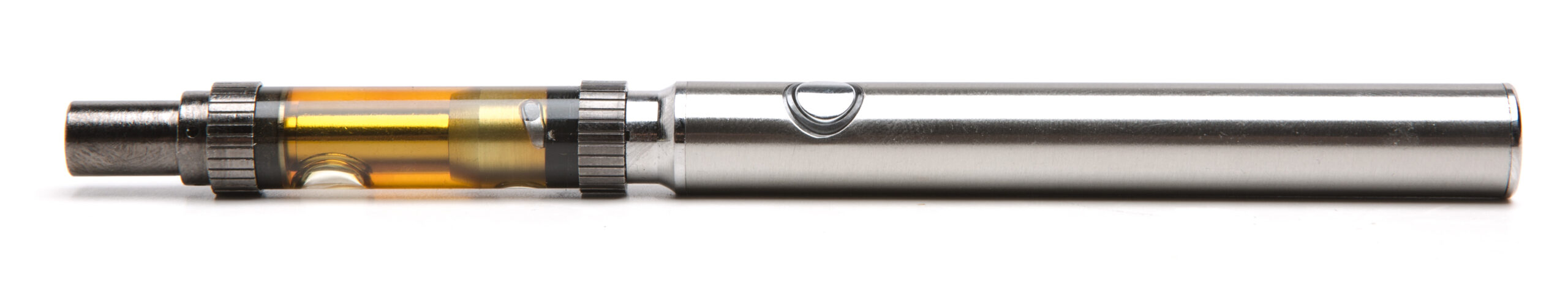 Vape pen lying on its side on white background.