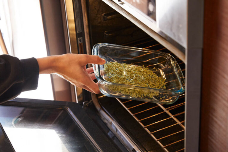 Ground weed in glass pan being placed in oven.