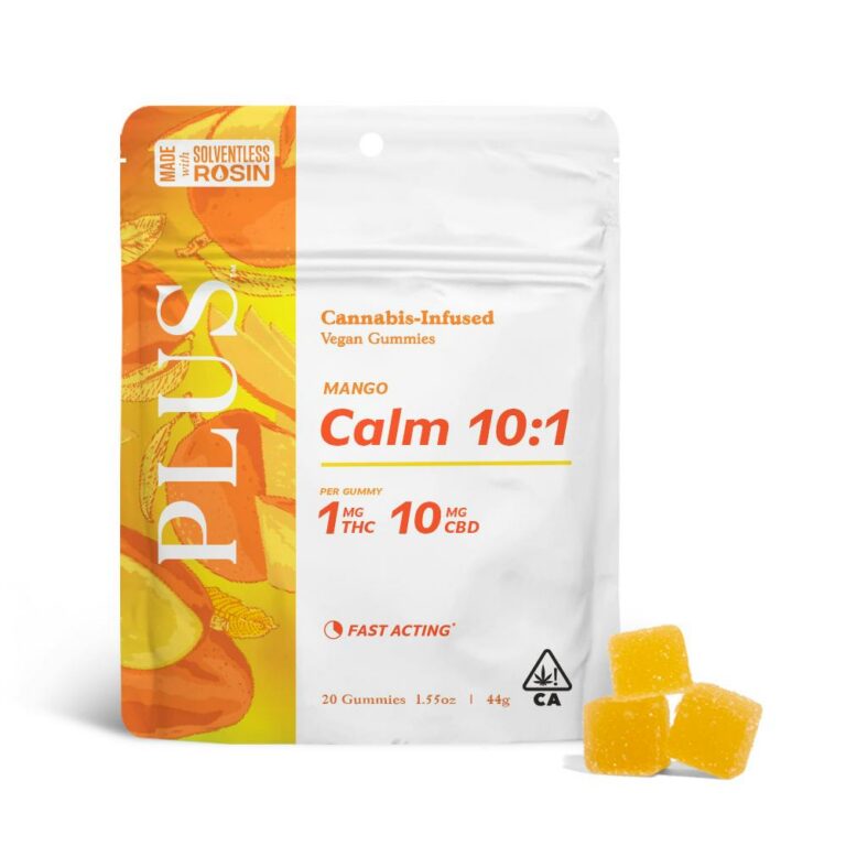 PLUS 10:1 CBD:THC Gummies - Mango Calm (20 pack, 1 mg THC and 10 mg CBD each)