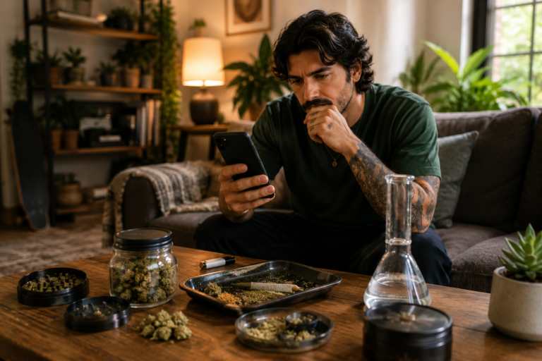 Man on phone searching strain info